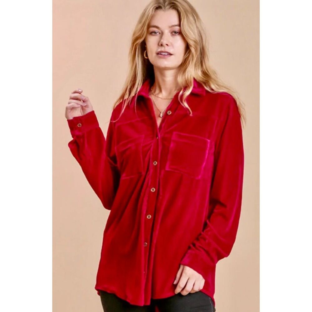 NWT Red Plus Sz 1X Soft Stretchy Velour Christmas Button Up Tunic Shirt UMGEE